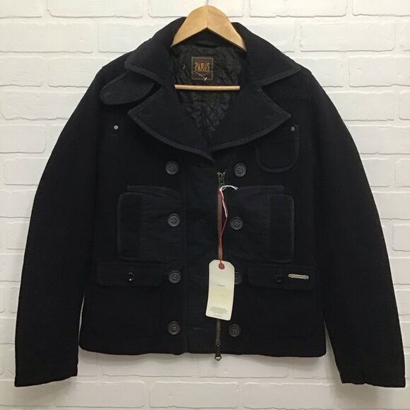 REPLAY jacket pea coat navy blue wool & cotton 50% wool 50% cotton pockets small - Picture 16 of 16